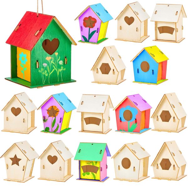 4" Wooden Birdhouses, Unfinished Wood Bird Houses Kits Arts and Spring Crafts Kids Wooden Bird Houses Bulk for Children to Build and Paint DIY Craft 15 Pcs