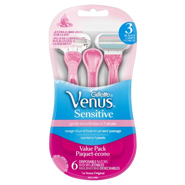 Gillette Venus Sensitive Womens Disposable Razor, 6 Ct W/Soft Protective Cushion