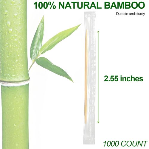 LOCIUN Bamboo Toothpicks – 1000 Count, Individually Wrapped, Dual-Pointed Tips, 2.55 Inch, Disposable & Sanitary, Ideal for Dental Care, Food Picking, Home, Restaurant, and Travel