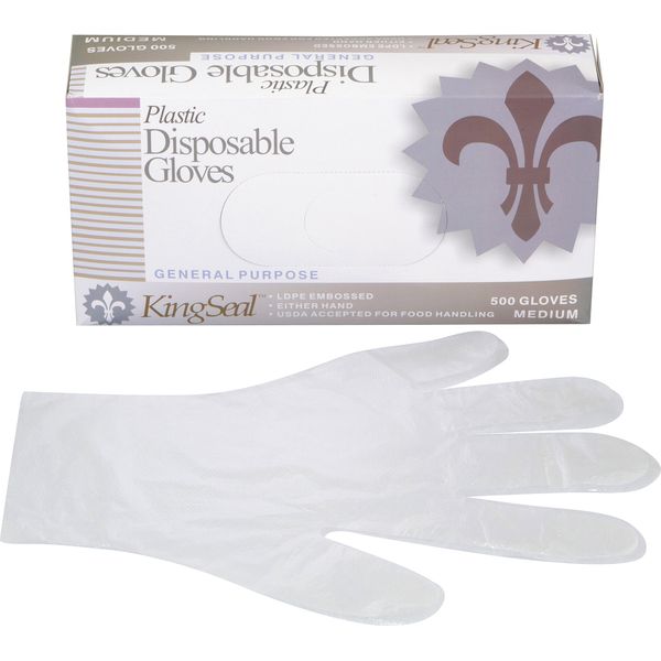 KingSeal Light Duty Poly Disposable Gloves, Powder-Free, Latex-Free, Size Medium - 1 Box of 500 Gloves By Weight