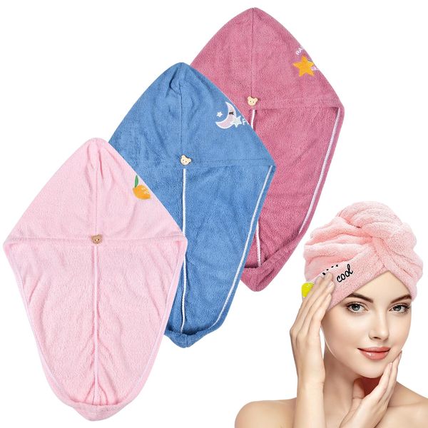 Funmo Pack of 3 Hair Turban Microfibre, Turban Towel, Hair Drying Towel with Button, Head Scarf Towel for Long Hair, Turban Hair Drying Towel, Super Absorbent Hair Turban Towel