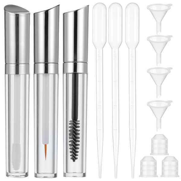 Empty Mascara Tube with Wand, Eyeliner Tube and Lip Gloss Tubes, with Funnels Transfer Pipette, Rubber Inserts,Funnels and Tubes, for Castor Oil Eyelash Growth Oil(3ml 3 Pack)(Silver,3ml)