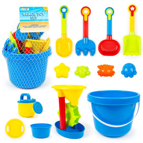 abeec Bucket Beach Toy Set – Outdoor Water and Sand Toys for Kids - 13pc Set - Set Includes: Bucket, Water Can, Bowl, Water Wheel, Sand Moulds, Shovels and More – Beach Toys for Water Play