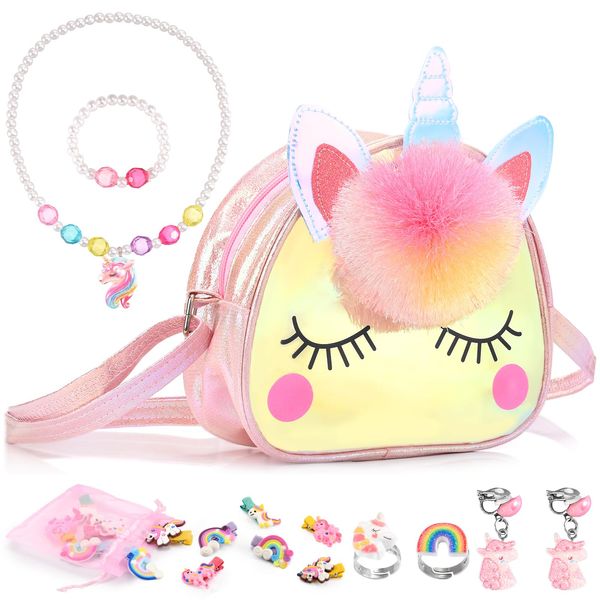 Girl Toys Age 3-8 Years Old Cute Unicorn Purse for Little Girls with 18pcs Unicorn Toys for 3 4 5 6 7 8 Year Old Girl Birthday Christmas Gifts Kids Toys Todder Purse Crossbody Bag Dress Up Accessories