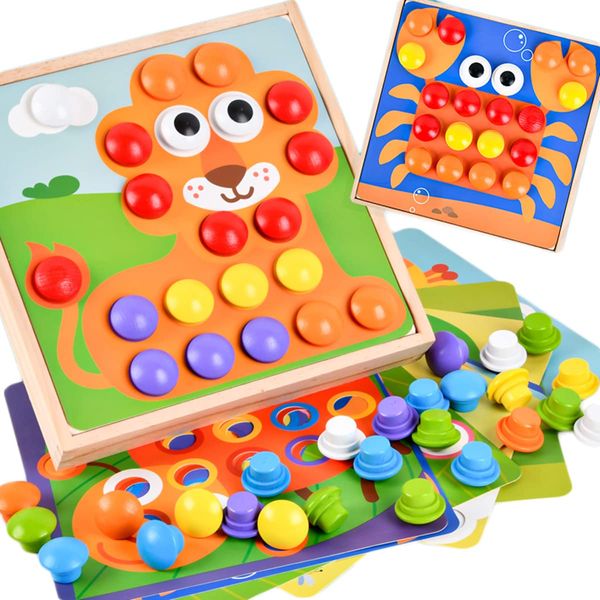 Wooden Puzzle, Button Puzzle, New Educational Toy, Fingertip Training, Pattern Cognition, Bajoy Children's Thinking Skills Toys, Colorful Wooden Toys, Wooden Storage Case, 2, 3, 4, 5, 6 Years Old,