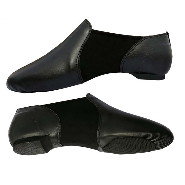 Slip On Jazz Dance Shoes - Pure Black Leather - Modern Stage Rubber Heel - Neoprene Irish Dancing Pumps Eye Style Slipper - Women & Girls - Kids - Child