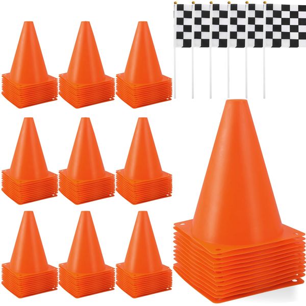 CACASO 24 Pcs Traffic Cones and Racing Checkered Flags,12 Plastic Traffic Cones,12 Checkered Flags on Sticks,Orange Sports Cones Soccer Training Cones for Outdoor Activity,Race Car Party Supplies