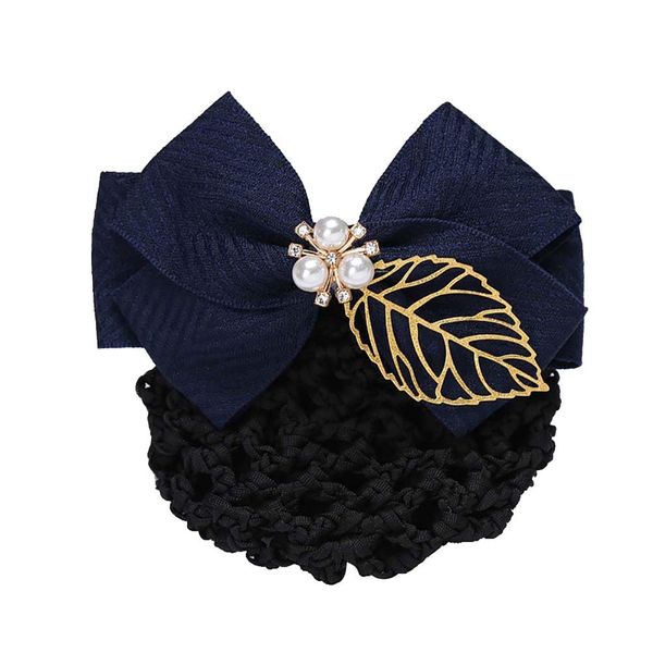 Women Rhinestone Pearl Hair Clip Bowknot Hair Snood Net Hair Clip Bun Cover Bow Barrette Hairnets Hair Accessories for Nurse Stewardess Blue