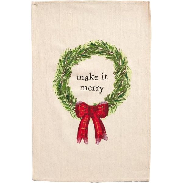Mud Pie MAKE IT MERRY Christmas Wreath Kitchen Flour Sack Towel