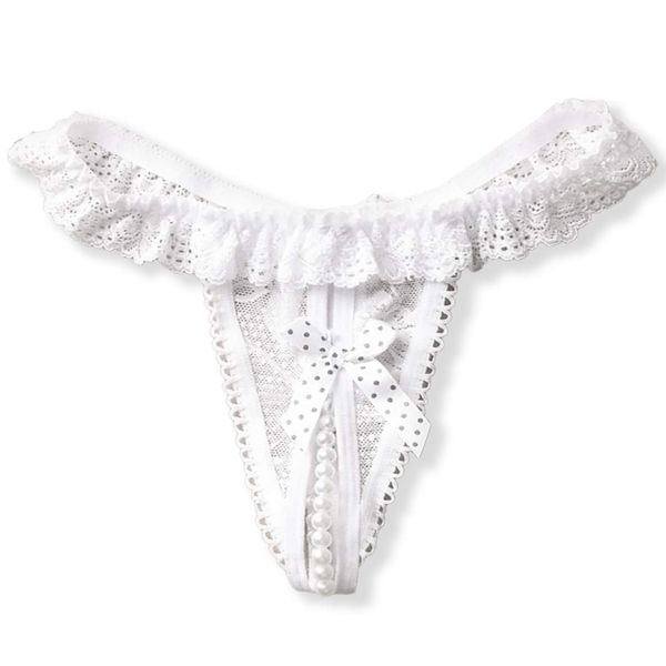 White Fang TT84 Women's T-back Underwear, String Pan, Pearl, Dots, Ribbon, Sexy Lingerie, Women's