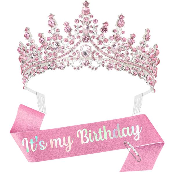 BAHABY It's My Birthday Sash & Rhinestone Tiara Set Princess Birthday Sash and Tiara for Women Birthday Decorations Rhinestone Headband for Women Girls (Pink)