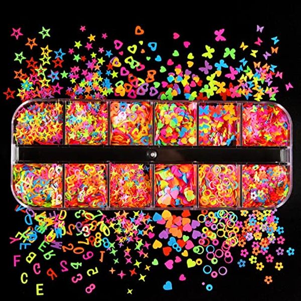 Nail Art Mix Shape Glitter Sequin 3D Rainbow Ribbon Stars Heart Alphabet Digital Colored Paper Waste Nail Seal Flakes Accessories 12 Squares