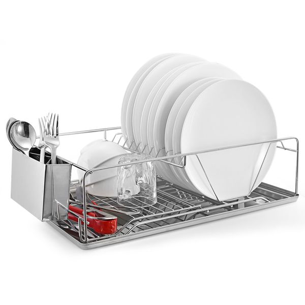 Stainless Steel Dish Rack with Drainboard & Cutlery Holder - Kitchen Organizer (w/ Specs) - Silver - Regular