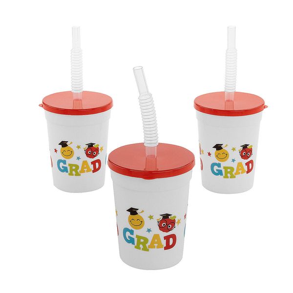 Elementary Graduation Reusable BPA-Free Plastic Cups with Lids & Straws 10 oz -