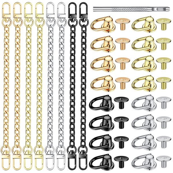 Hanaive 8 Pcs Purse Chain Strap Extender 16 Pcs Studs Rivets D Ring for Purse 7.9 Inch Flat Chain with Post Head Buttons Accessories with Hole Punch for DIY Wallet Handbags Tumblers Craft, 4 Colors