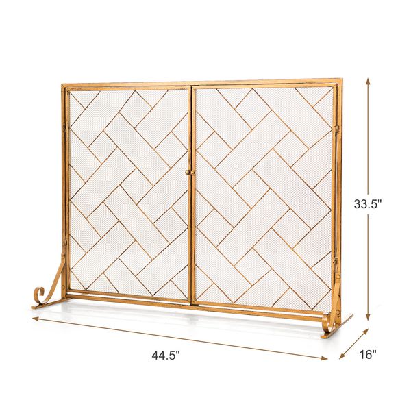 3-Panel Folding Wrought Iron Fireplace Screen W/ Doors Gold Color