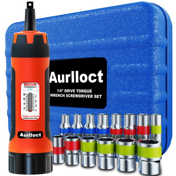 Aurlloct 1/4" Torque Wrench Set, 1-8 Nm, 15 Pieces Torque Screwdriver Spanner Socket Set Orange