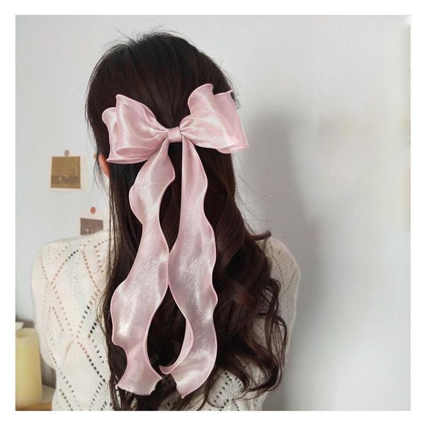 Allereya Vintage Long Silk Bow Hair Clip Barrette Ribbon Mesh Bow Head Clip Headwear Pink Chiffon Bowknot Headpieces Silk Bow Hair Accessories for Women and Girls (Pink)