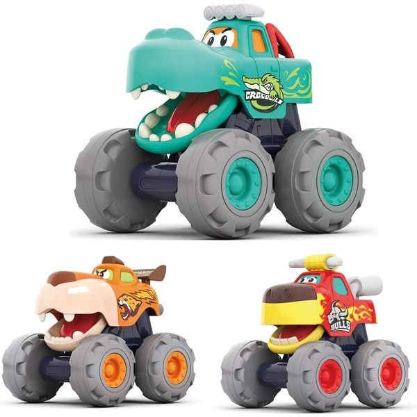 MOONTOY Baby Car Toys for 1 Year Old Boys, 3 Pack Monster Truck Toys for 1 2 Year Old, Friction Powered & Pull Back Cars Baby Toys 12+ Months, Toddler Toys Cars Gifts for 1 2 3 Year Olds Boys Girls