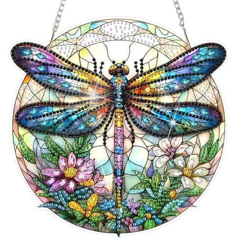 DOMROM Flowers Dragonfly Diamond Art Hanging Kit for Adult, Special Shaped Rhinestone, 5D Diamond Art Painting Window Pendants, Home Wall Art Hanging Kits, Double Sided Hanging Ornament 5.1x7.6in