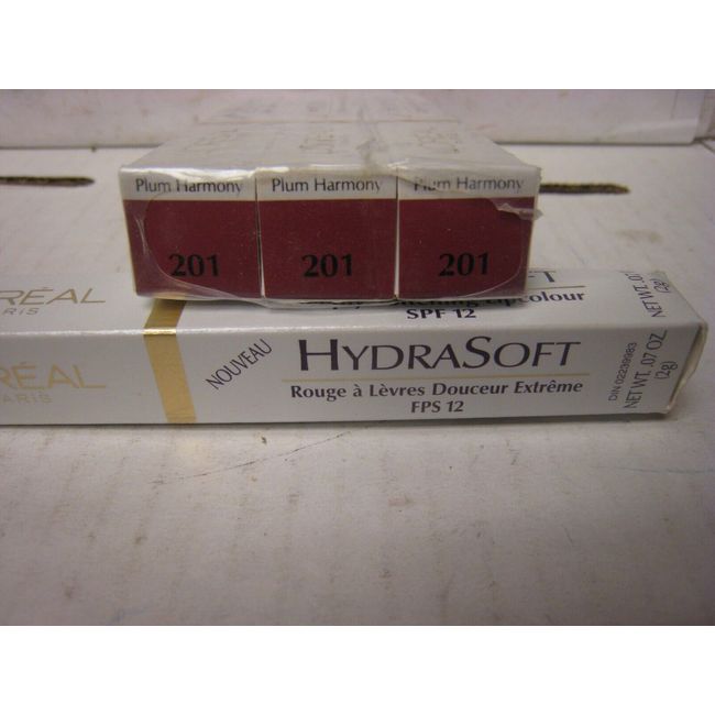 3 Loreal HydraSoft Deeply Softening Lip colour SPF 12  201 PLUM HARMONY .07oz