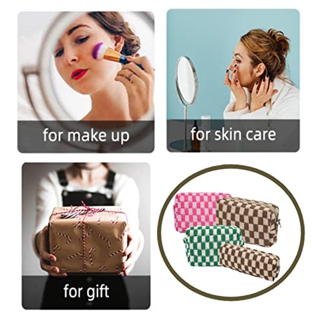 Makeup Bag for Women, Checkered Cosmetic Case, Travel Cosmetic