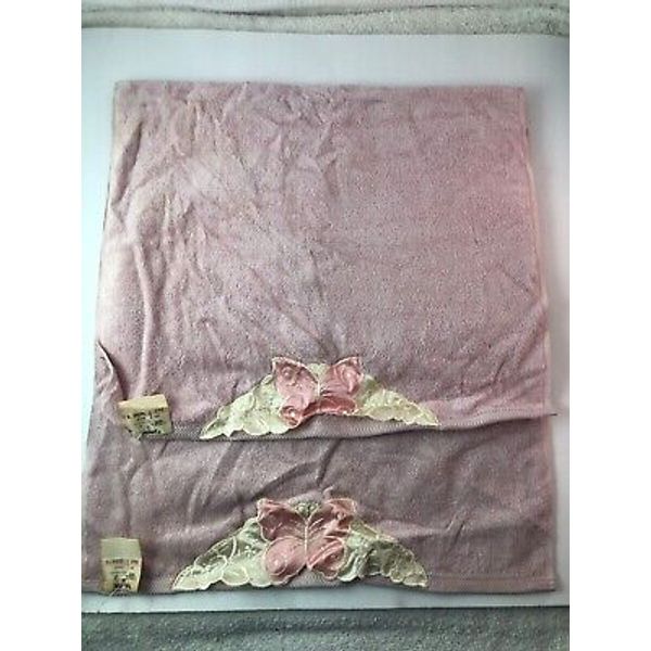 2 Vintage Hand Towels Satin Butterfly Appliques Mauve NWT 26" X 16.5" NWT