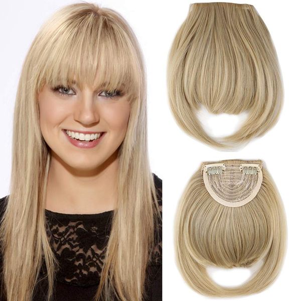 One Piece Cute Bang Fringe Clip On Clip In Wig [Ash Blonde Mix Bleach Blonde] Front Bangs Straight Hair Extensions Synthetic For Ladies Girls