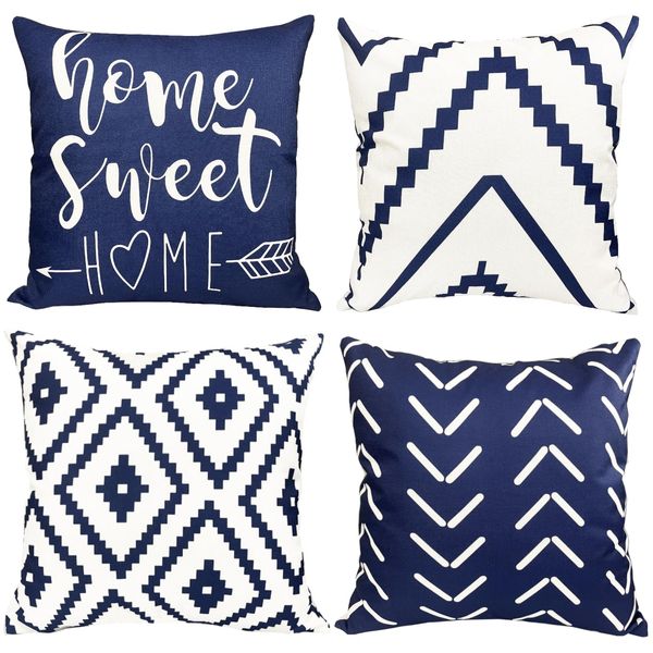 Decorative Throw Pillow Covers 18x18 Inch Blue Pillow Covers for Couch Sofa Living Room Bedroom car,Farmhouse Outdoor Throw Pillow Cover,Modern Geometric Linen Square Throw Pillow Case Set of 4