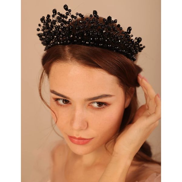 Xerling Black Crystal Queen Tiara Bride Wedding Headband Pearl Headdress for Girls Bridal Crown for Party Hair Accessory (Black)