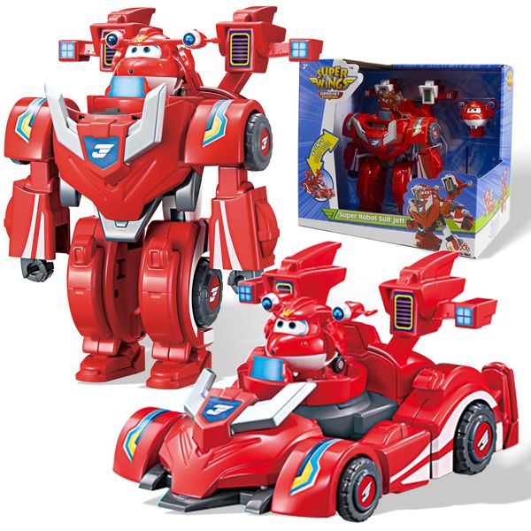 Super Wings Transformer Toys, 7" Super Robot and 2" Mini Jett Transforming Suit, 2 in 1 Car Robot Toys Action Figure, Racing Cars Playset for Boys and Girls Age 3+, Gifts for Preschool Kids, Red