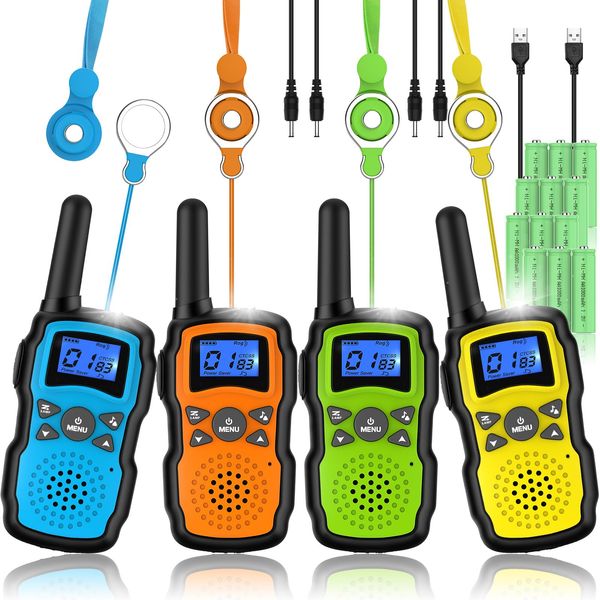 Wishouse Walkie Talkies for Kids Adults Rechargeable 4 Sets with 2 USB Chargers|4X3000mAh Batteries|Lanyards|Family Walky Talky Long Range for Hiking Camping|Xmas Birthday Gift|Boys Girls Present