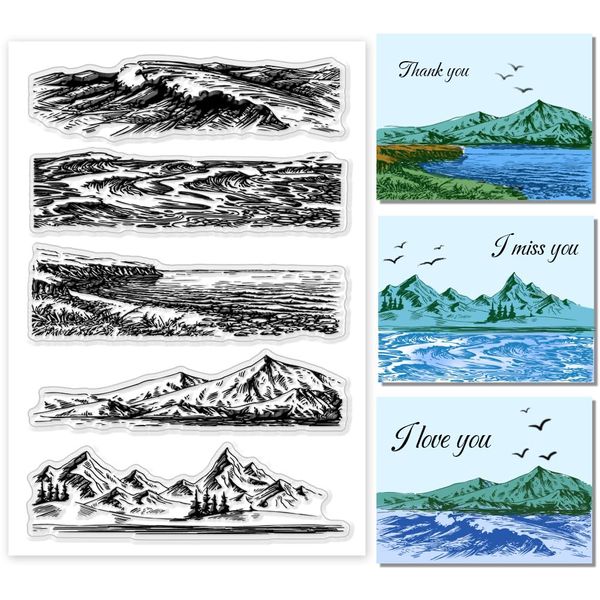 PH PandaHall Coastline Clear Stamps Mountain Scenery Stamps Clear Rubber Stamps Transparente Gummisiegelstempel Für Urlaubskartenherstellung DIY Scrapbooking Fotoalbum Dekor