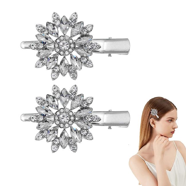 2 PCS Rhinestone Bridal Hair Clip,Flower Diamante Hair Clips,Silver Rhinestone Barrette Elegant for Women Ladies Bridal Wedding Party Hair Accessories