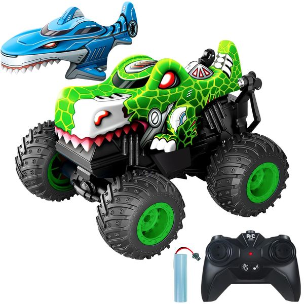 YongnKids Rc Monster Trucks Toy,Remote Control Car for Boys 4-7,2.4Ghz Rchargeable Rc Cars Shark & Dinosaur Truck with Music,Lighting Effect,360°Stunts Car Gift for Kids Boys Toys Age 4-6