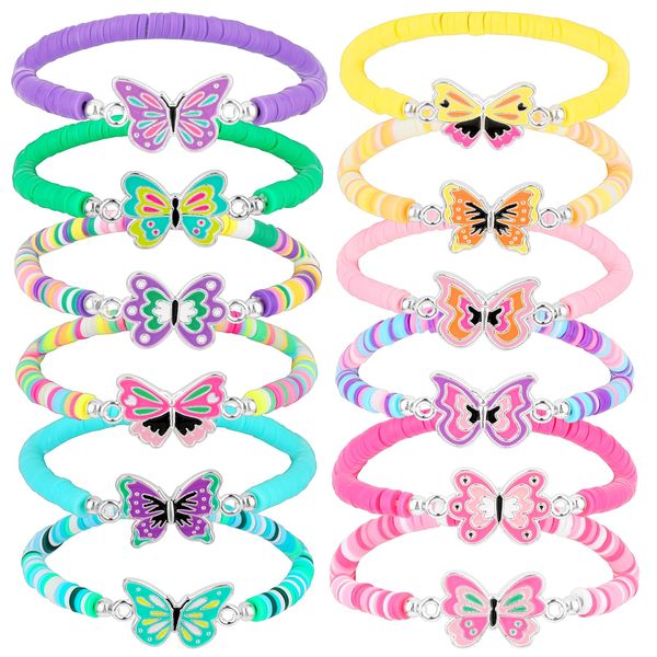 Thinp 12 Pcs Kids Bracelet for Girls Butterfly Bracelets Jewelry Party Favors Friendship Adjustable Multicolor Clay Bead Bracelets for Carnival Prizes Goodie Bag Classroom Reward