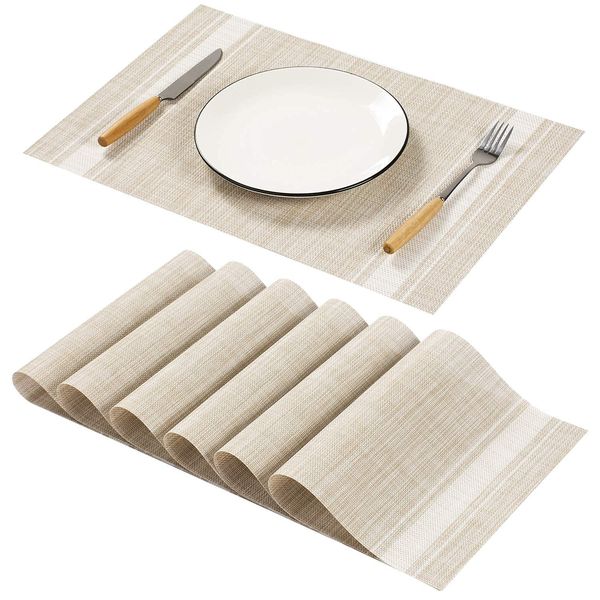 AHHFSMEI Placemats Set of 6 for Dining Table Washable Woven Vinyl Non-Slip Placemat Heat-Resistant Durable Table Mats for Dining Table Easy to Clean (Beige White Stripe)