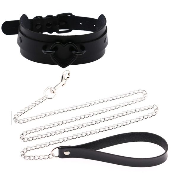 Dokidoki Heart Ring Collar + Lead for Humans [Black Black] PU Leather Chain Husband Slave Cat Costume SM Cosplay Collar Training SM Play Restraint Choker Punk