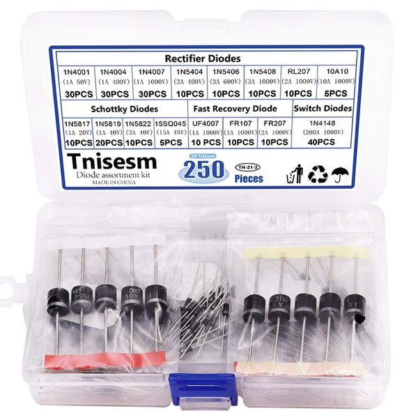 Tnisesm 16 Values Rectifier/Schottky/Fast Recovery/Switch Diode Assortment Kit,1N4001 1N4004 1N4007 1N5404 1N5406 1N5408 RL207 10A10 1N5817 1N5819 1N5822 15SQ045 UF4007 FR107 FR207 1N4148