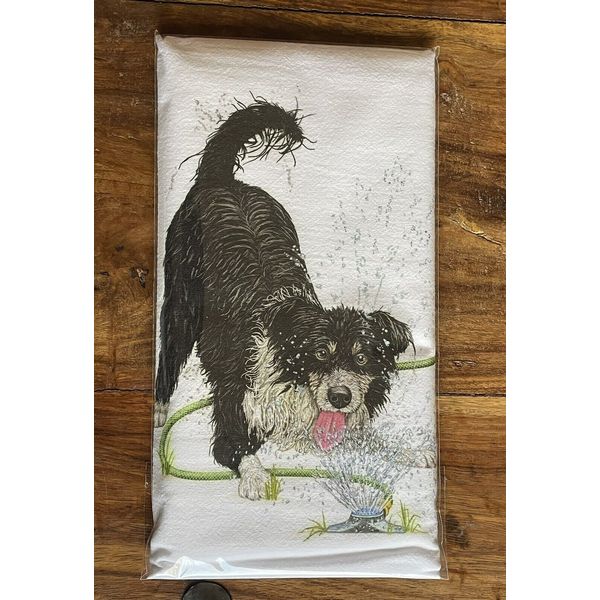 Mary Lake Thompson Flour Sack Towel Black & White Dog Drinking From Sprinkler