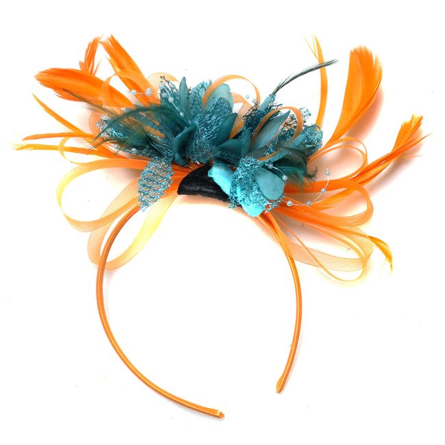 Orange and Teal Turquoise Fascinator Headband Net Hoop Feather Hair Wedding Royal Ascot Races