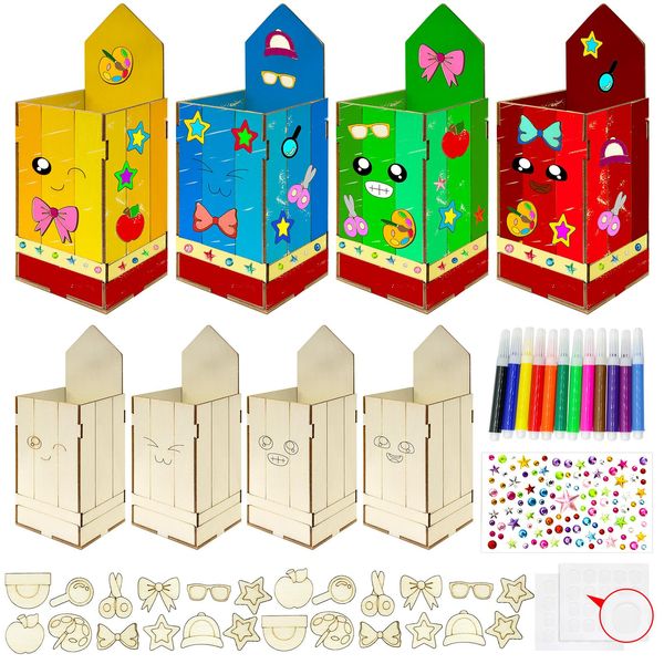 Cinrobiye 8 Pack Back to School Craft Kit,Back to School Party Favors Bulk Wooden Pencil Holder DIY Craft Kit School Goodie Treats Coloring Craft Kit for Kindergarten Party DIY Art Teacher Supplies