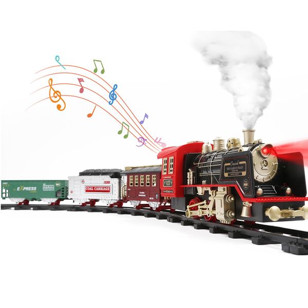 HOLYFUN Train Set with Smoke, Sound and Light, Electric Train Track Toy Under Christmas Tree, Christmas Birthday Gift for 3 4 5 6 7 8+ Year Old Kids, Toddlers, Boys and Girls