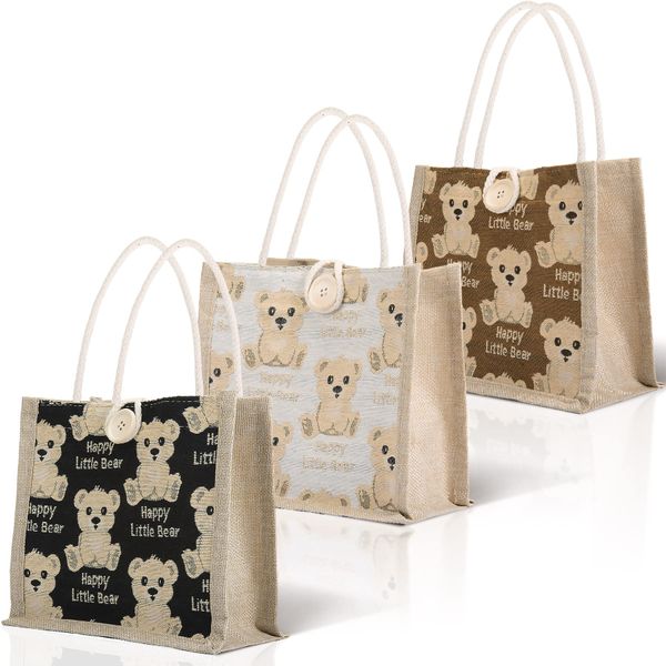 TOPTIME 3 Pack Mini Jute Tote Bag with Bear Prints Burlap Gift Totes with Handles Jute Burlap Tote Bags Jute Hessian Bags Small Gift Bag Lunch Sandwich Bag (Beige, Brown, Black, Button Closure Design)