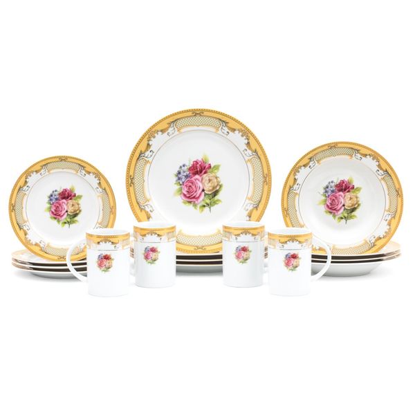 Porcelain Dinnerware Set for 4 - 16 Piece Set White and Gold Roses Tableware