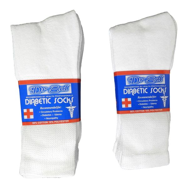 Dr Sol (6) Pair Men's Diabetic Crew Socks  Sz 10-13 White Cotton Blend