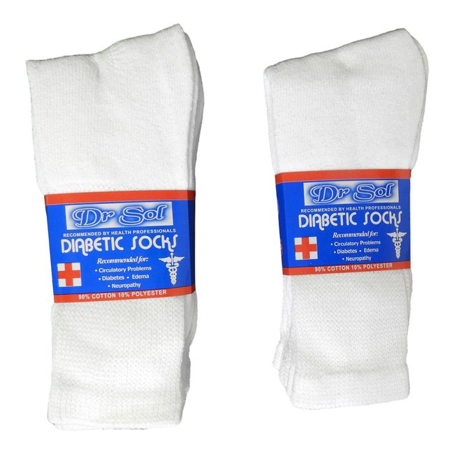 Dr Sol (6) Pair Men's Diabetic Crew Socks  Sz 10-13 White Cotton Blend