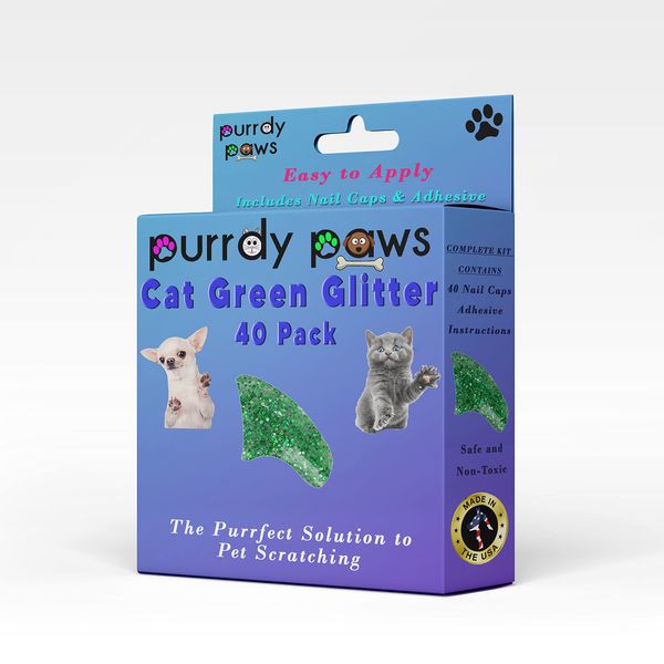 Purrdy Paws 40 Pack Soft Nail Caps for Cat Claws Green Glitter Medium