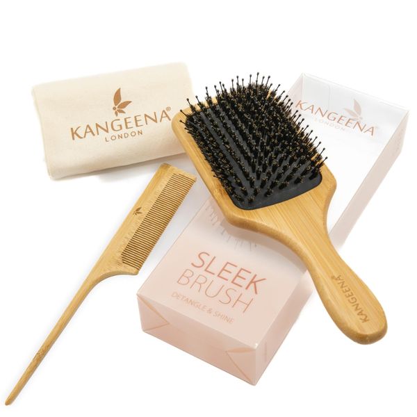 Natural Boar Bristle Hair Brush Set for all Type of Hair, Detangle, Smooth, Enhance Shine and Improve Texture, Wooden Tail Comb & Travel Pouch Included