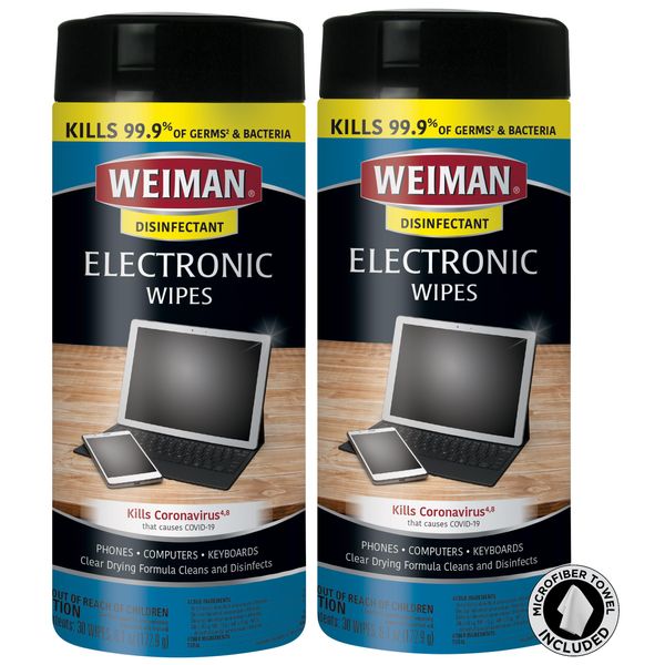 Weiman Electronic & Screen Disinfecting Wipes - Safely Clean and Disinfect Your Phone, Laptop Keyboard, Tablets, Lens Wipes - 30 Count | 2 Pack with MicroFiber Towel Included